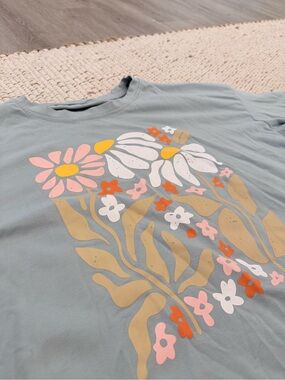 Floral Graphic Tee in Dusty Blue with Pink & Mustard Accents